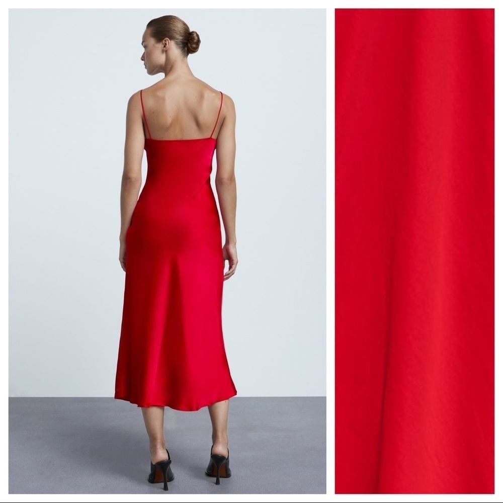 NWT. Zara Red Satin Camisole Strappy Slit Midi Dress. Size XS - Picture 3 of 10